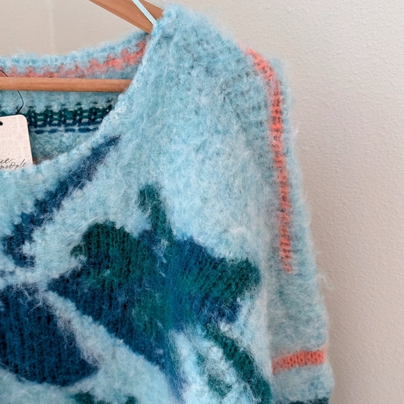 NWT Free People Lily Pullover Striped & Floral Oversized Sweater In Sky Blue - Picture 7 of 11